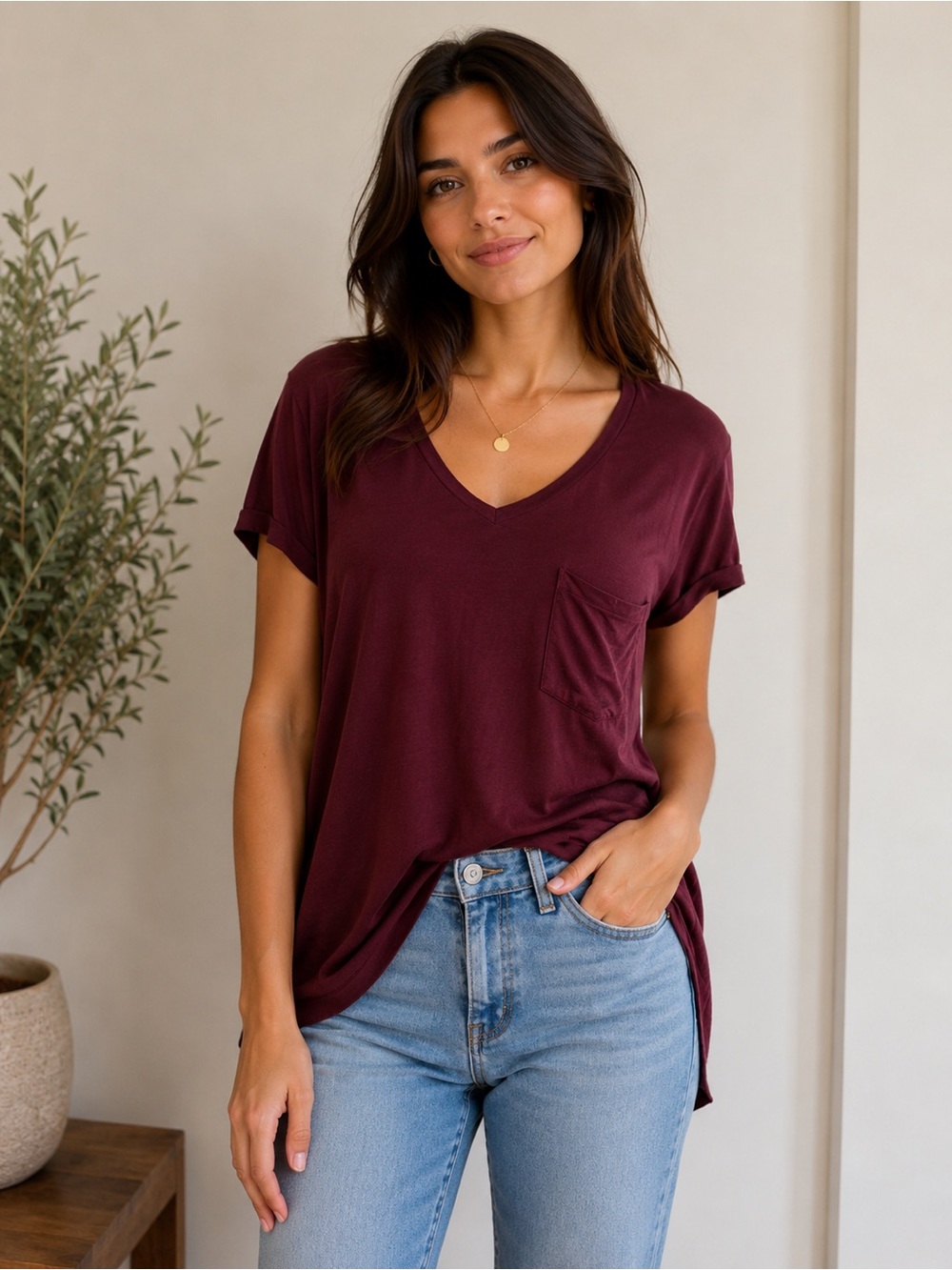 American Eagle Outfitters soft and sexy V-Neck Pocket Tee - Burgundy